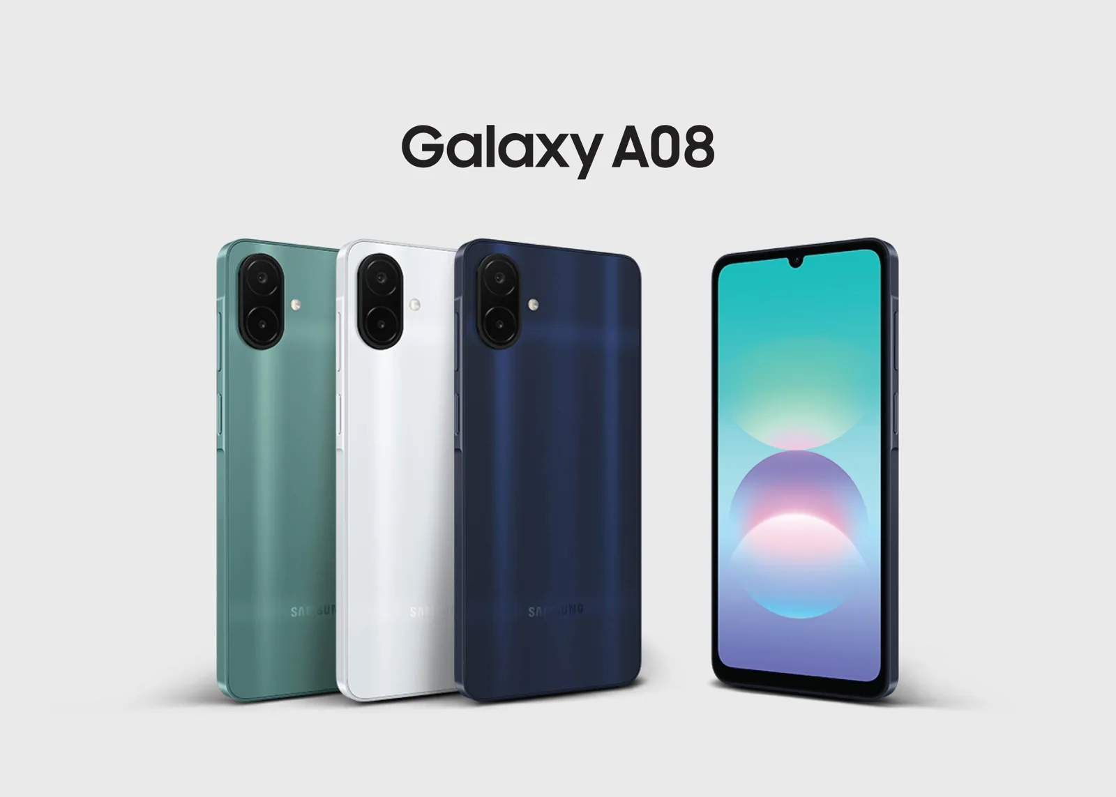 Galaxy A08 nas cores verde, prata e azul-escuro, vistos de costas, e um quarto aparelho de frente com a tela acesa