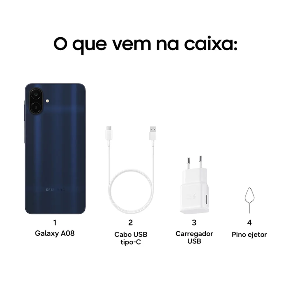 Slide da Loja Samsung com o que vem na caixa do Galaxy A08: aparelho azul-escuro, cabo USB-C, carregador USB e pino ejetor
