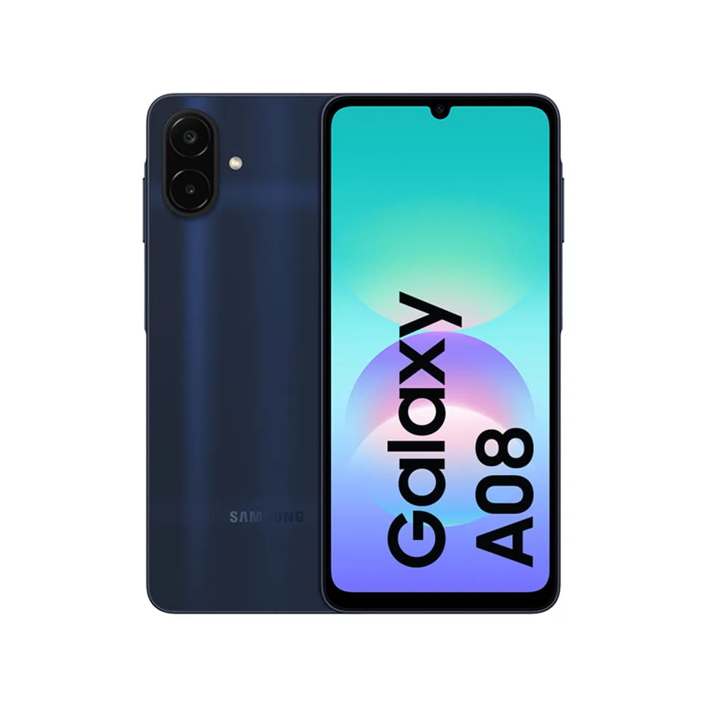 Galaxy A08 azul-escuro visto de costas, com câmera dupla, e de frente, com o nome do modelo na tela