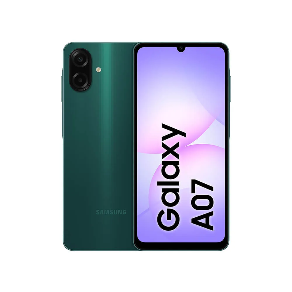 Galaxy A07 verde visto de costas, com câmera dupla, e de frente, com o nome do modelo na tela