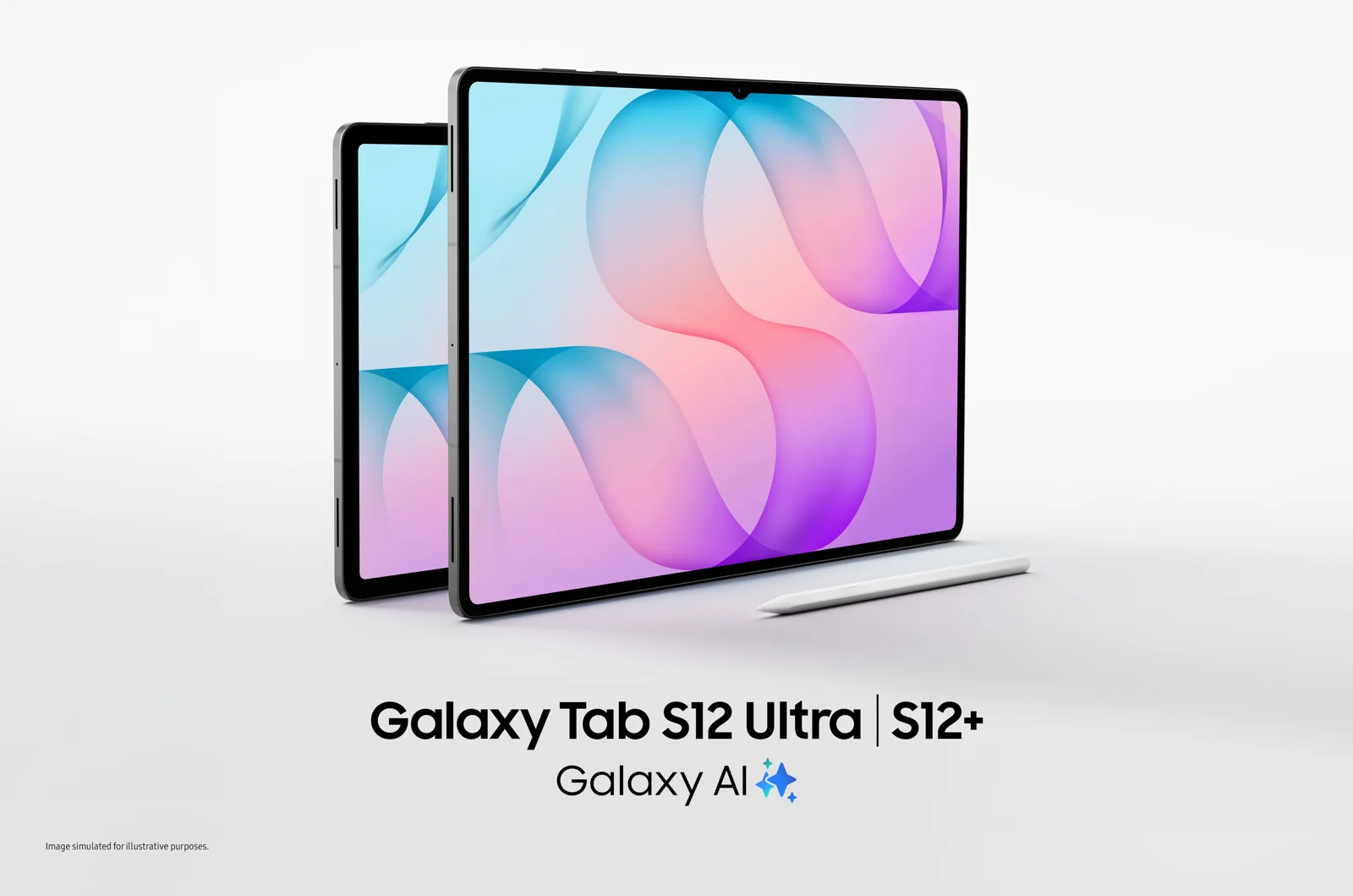 Galaxy Tab S12 Ultra e Galaxy Tab S12+ de frente, telas acesas, com a S Pen branca ao lado e o nome dos modelos