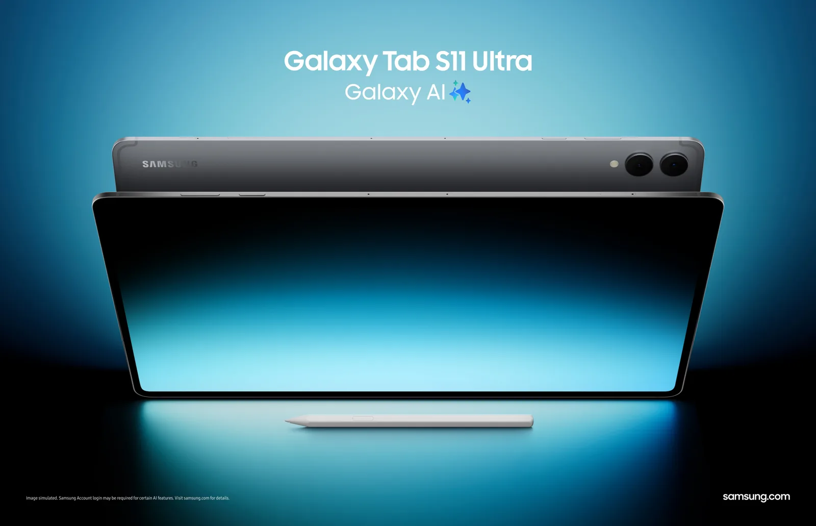 Galaxy Tab S11 Ultra de frente e de costas, com duas câmeras traseiras e a S Pen, em peça de divulgação com o nome do modelo