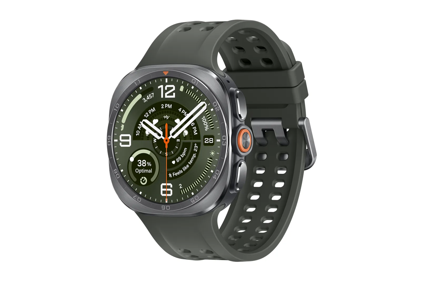 Galaxy Watch Ultra2 de 47 mm com caixa de titânio, botão laranja e pulseira verde-escura, em ângulo de três quartos