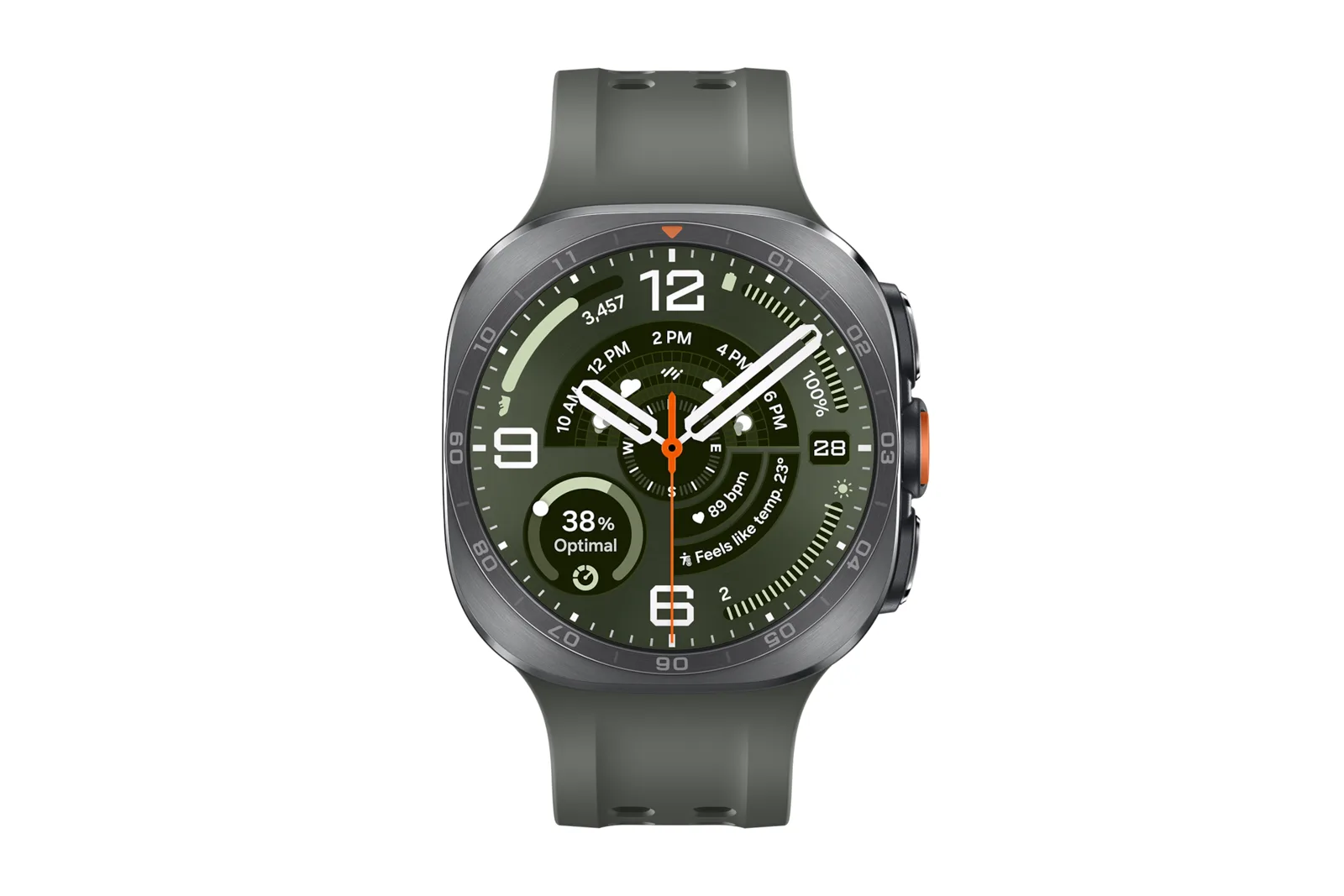 Galaxy Watch Ultra2 de 47 mm visto de frente, com caixa de titânio, botão laranja e pulseira verde-escura
