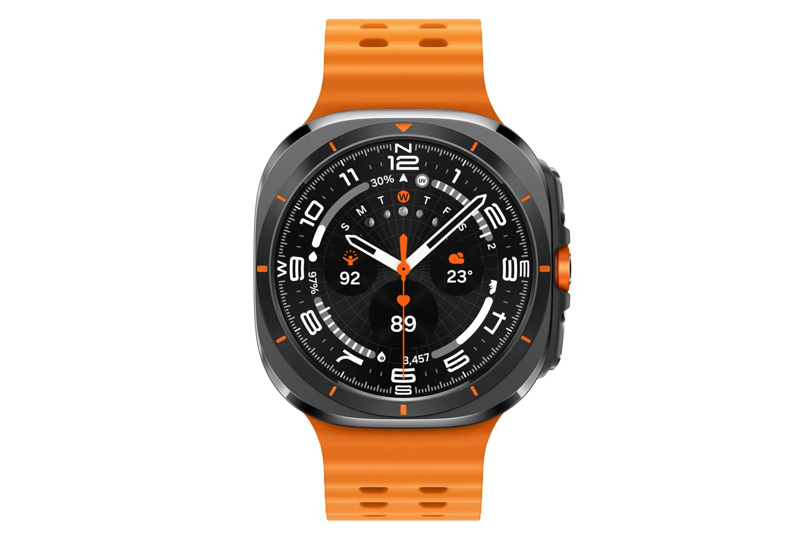 Galaxy Watch Ultra (2025) de 47 mm em Titânio Cinza, visto de frente, com pulseira laranja e botão laranja