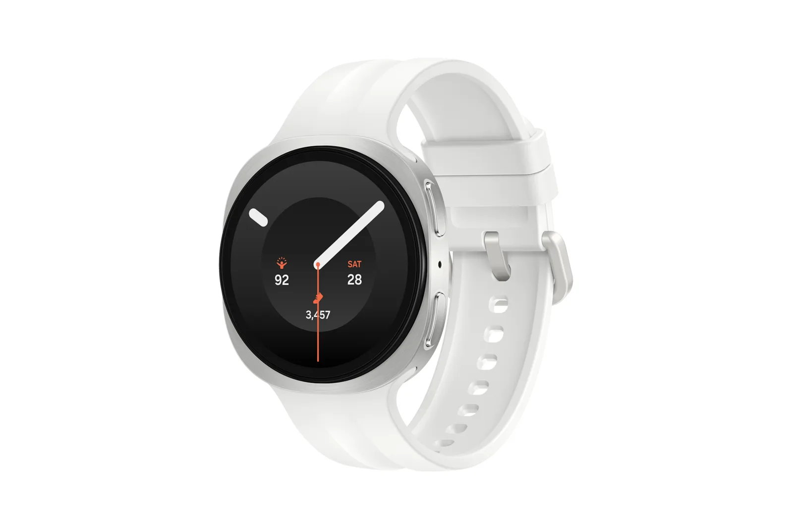 Galaxy Watch9 de 40 mm na cor Creme, caixa clara e pulseira esportiva branca, visto em ângulo de três quartos