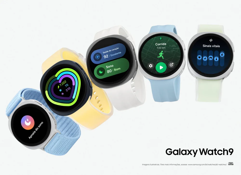 Cinco Galaxy Watch9 com pulseiras coloridas e telas em português de apneia do sono, atividade, saúde do coração, corrida e sinais vitais