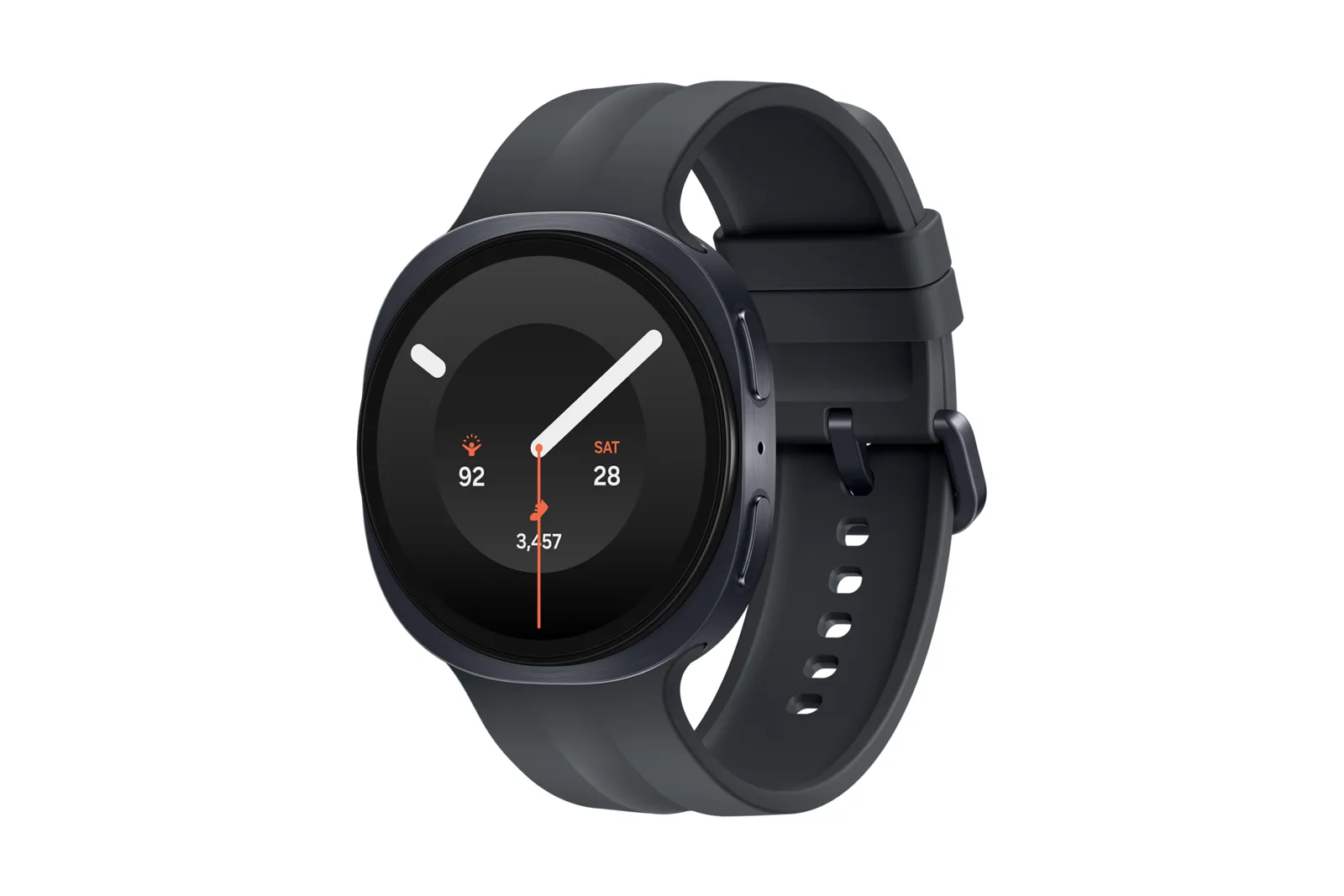 Galaxy Watch9 de 44 mm com caixa e pulseira esportiva pretas, visto em ângulo de três quartos