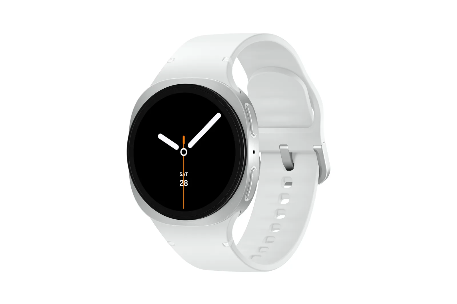 Galaxy Watch8 de 40 mm prata, com pulseira esportiva branca, visto em ângulo de três quartos