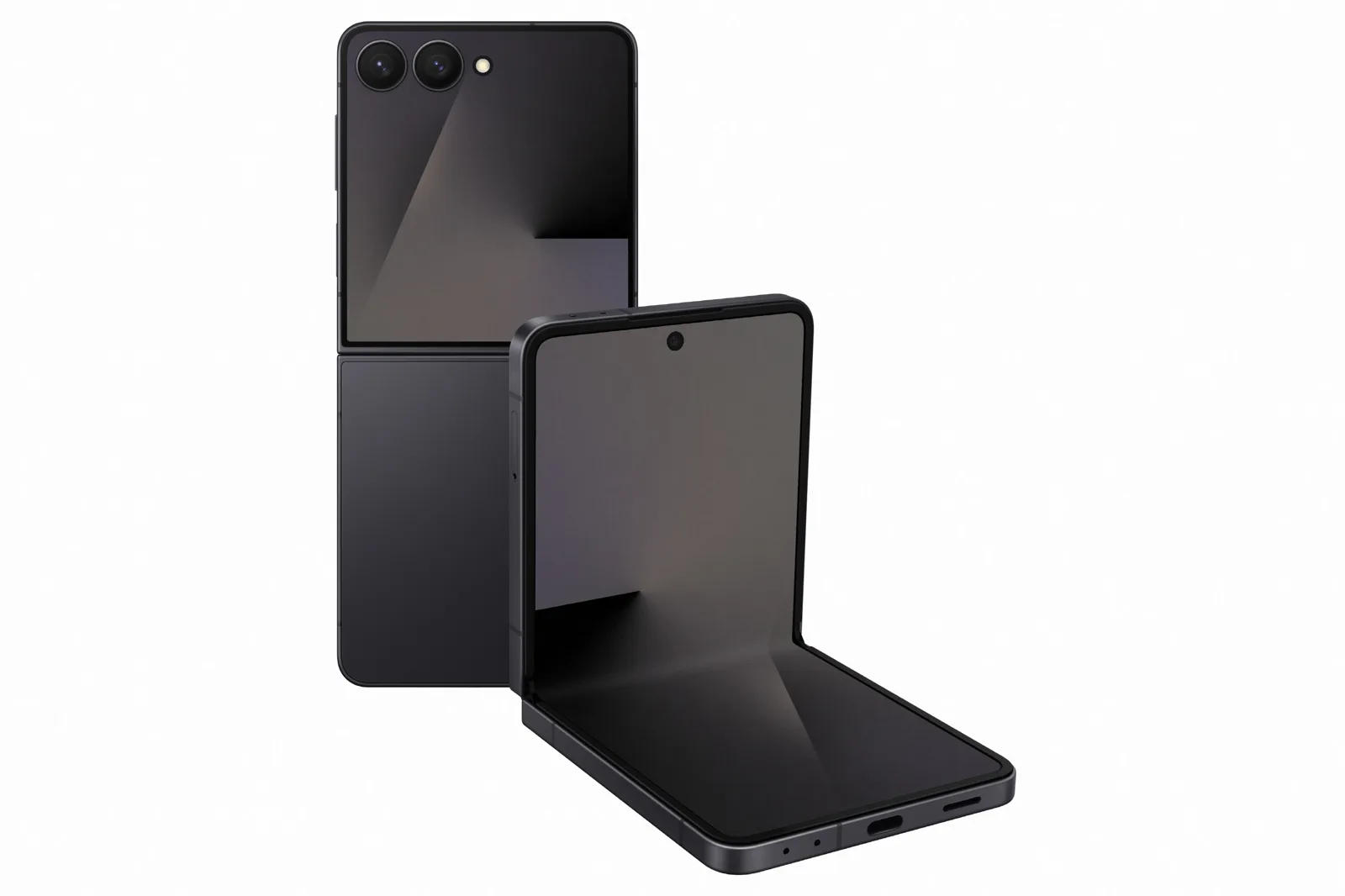 Dois Galaxy Z Flip7 na cor Jetblack: um fechado, com a tela externa de ponta a ponta, e outro aberto em L, sobre fundo branco