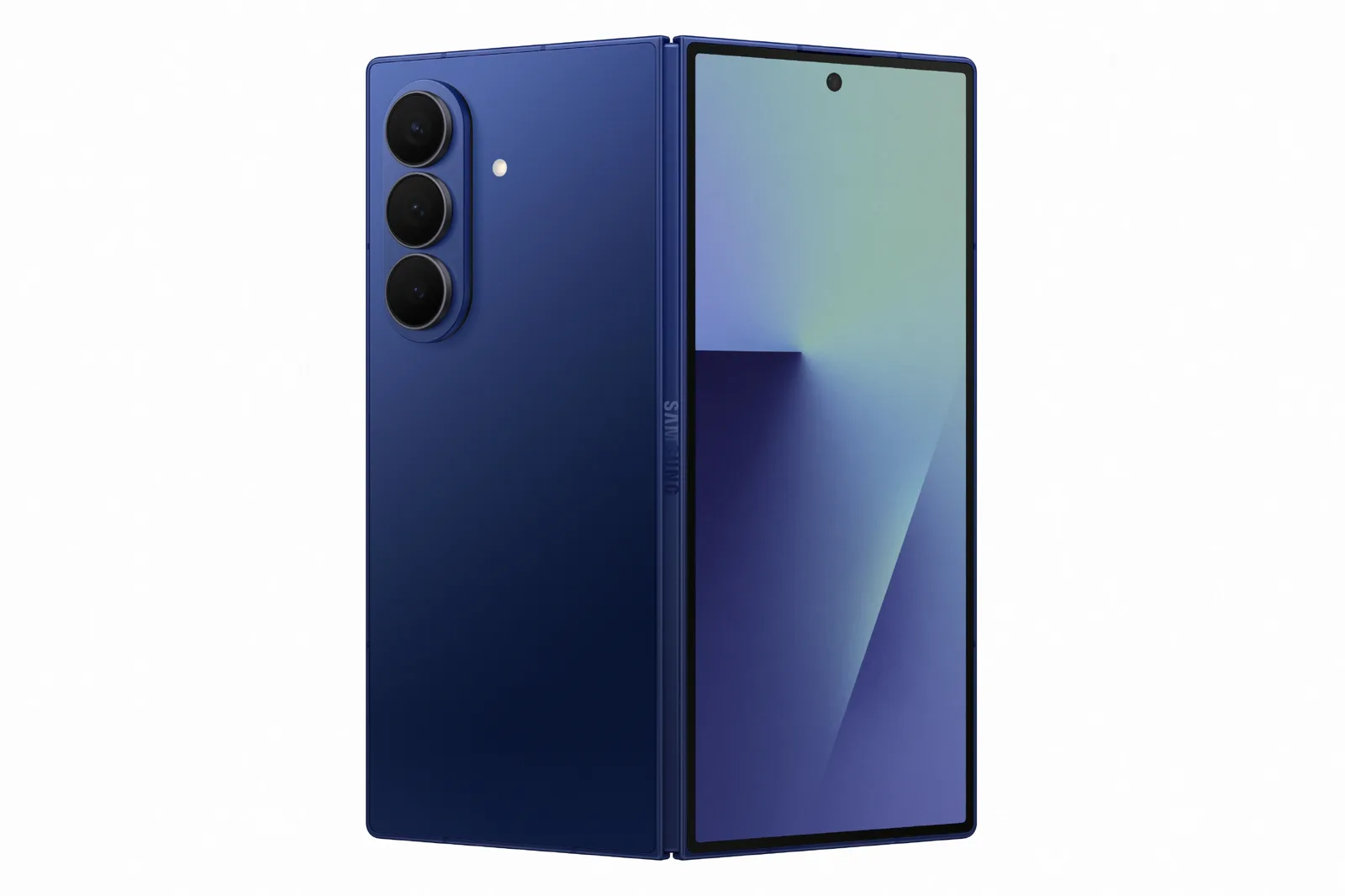 Galaxy Z Fold7 na cor azul, parcialmente aberto, com as três câmeras traseiras e a tela externa à vista, sobre fundo branco