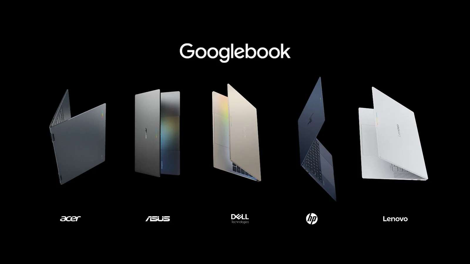 Cinco Googlebooks semiabertos lado a lado sobre fundo preto, com os logotipos de Acer, ASUS, Dell, HP e Lenovo embaixo de cada um