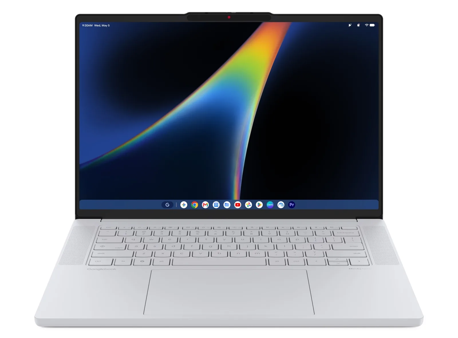Lenovo Googlebook 15 cinza-claro, aberto e visto de frente, com a área de trabalho do Googlebook OS e a barra de apps na tela
