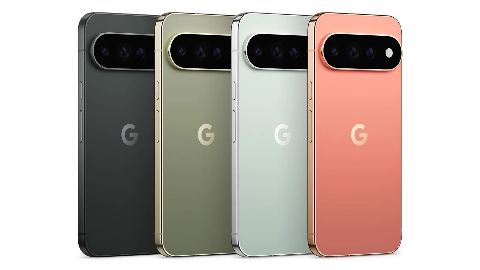 Traseira do Pixel 11 Pro e do Pixel 11 Pro XL nas quatro cores oficiais: Obsidian, Olive, Fog e Canyon