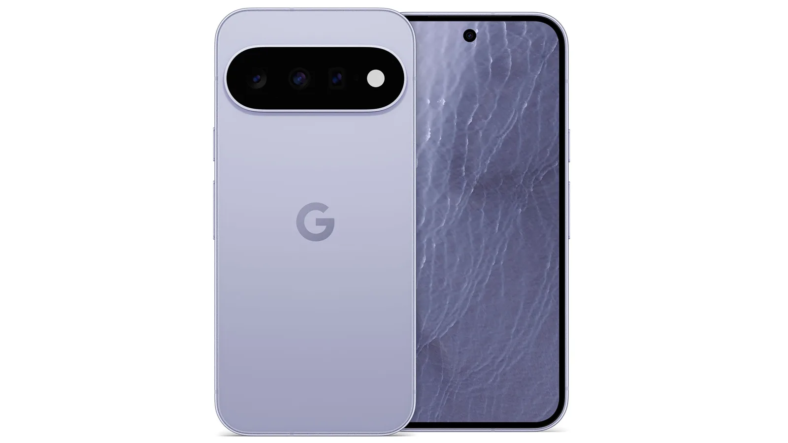 Pixel 11 na cor Frost visto de costas, com a barra de três câmeras, e de frente, com a tela ligada