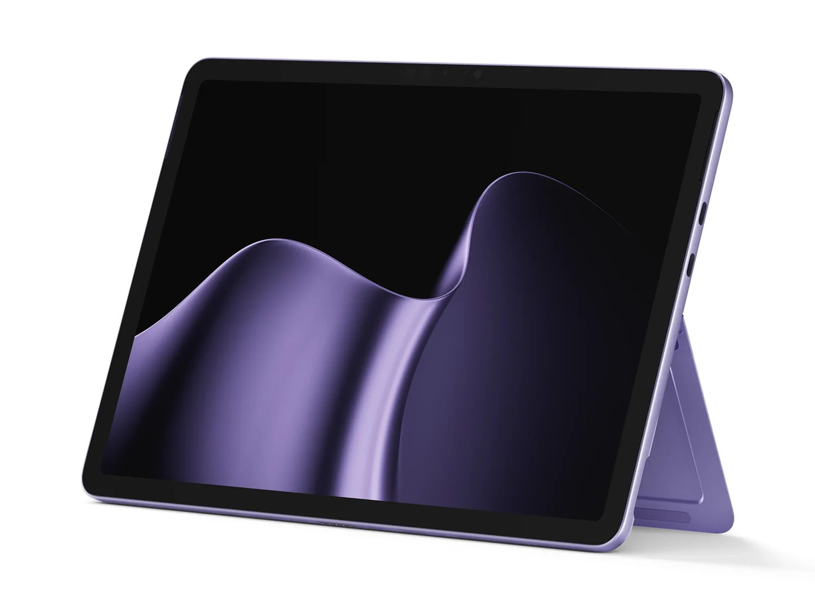 Surface Pro de 12 polegadas (2ª edição) na cor Violet, visto em ângulo de frente, com o suporte traseiro aberto
