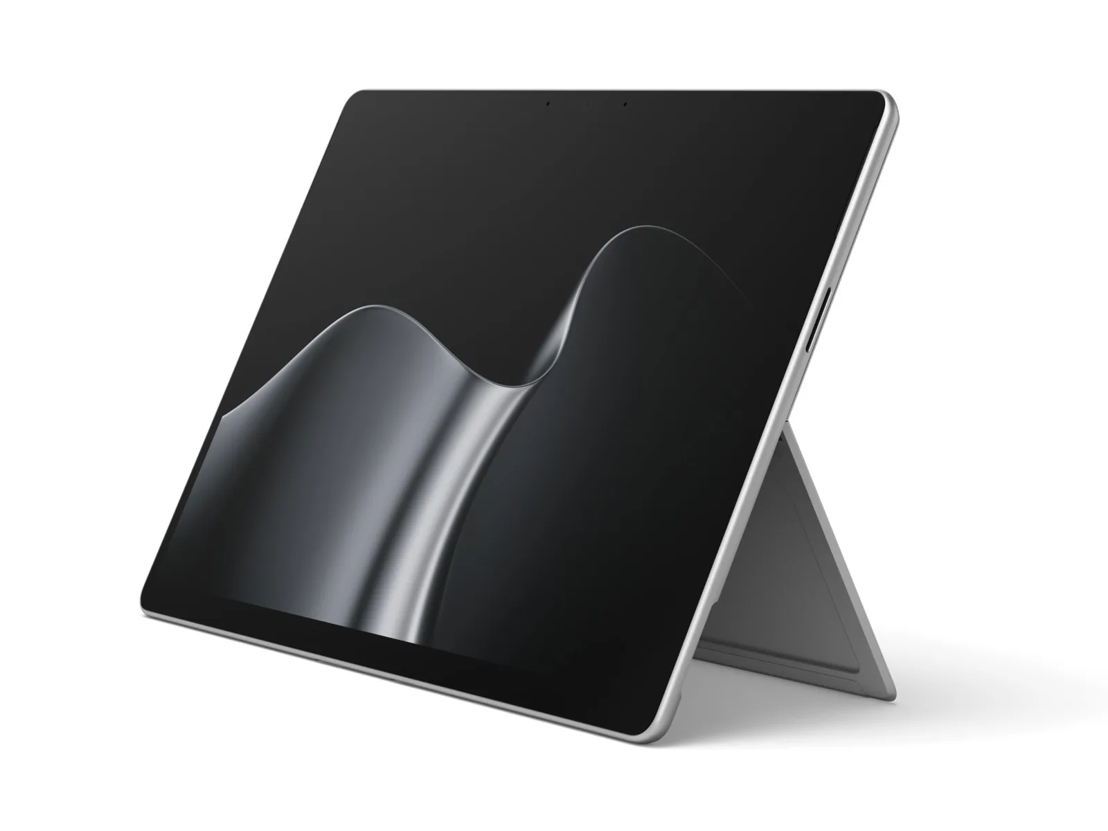 Surface Pro de 13 polegadas (12ª edição) na cor Platinum, visto em ângulo de frente, com o suporte traseiro aberto