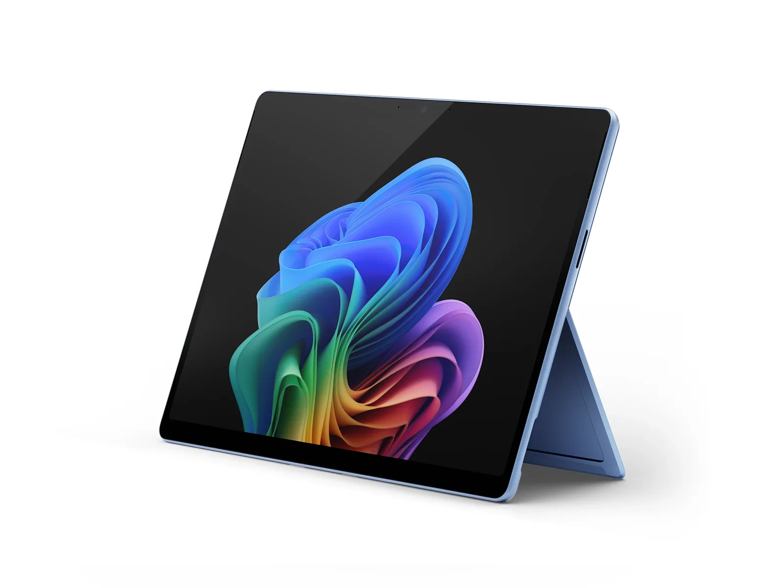 Surface Pro de 13 polegadas (11ª edição) na cor Sapphire, no mesmo ângulo de frente, com o suporte traseiro aberto